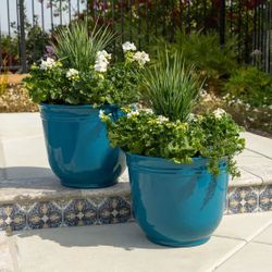 Pack of 2 Trendspot 18" Theo Resin Planter Flower Pot Teal