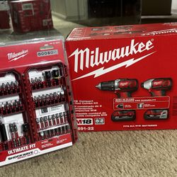 Milwaukee M18 Drill & Impact Combo Kit + 45-Piece Shockwave Bit Set (Brand New)