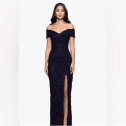 Xscape Navy Blue Off Shoulder Maxi Dress