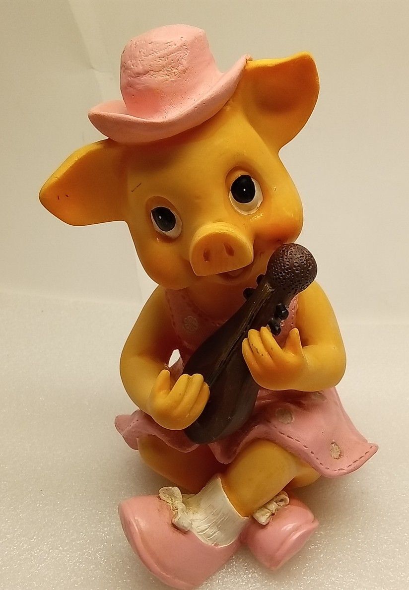 VTG Anthropomorphic Girl Pig Playing Mandolin Pink Polka-dot Dress Coin Bank 6.5