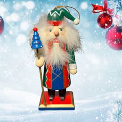 Vintage 1980s Wooden Christmas Nutcracker Gnome Green Hat Blue Tree, 5.25”