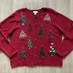 Vintage Talbots Christmas Sweater Cardigan Beaded Holiday Tree Embroidered  Sz L 