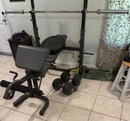 Gym Bench Press, Weights, Weight Plates, and Bar