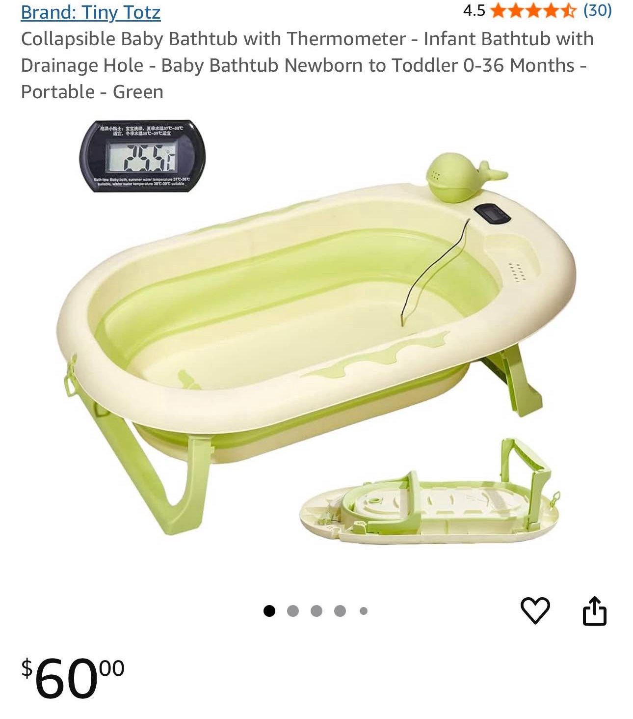 Collapsible Baby Bathtub with Thermometer - Infant Bathtub with Drainage Hole, Newborn to Toddler