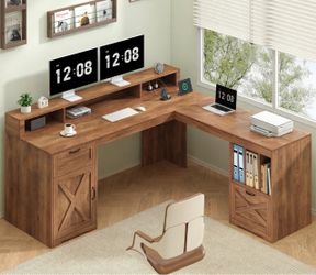 Brown L Shape Computer Desk with File Drawers
