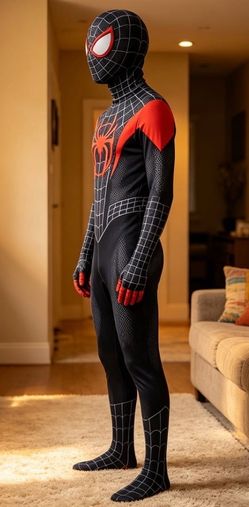 Spider-Man Miles Morales black jumpsuit with red accents and white web pattern, size XL