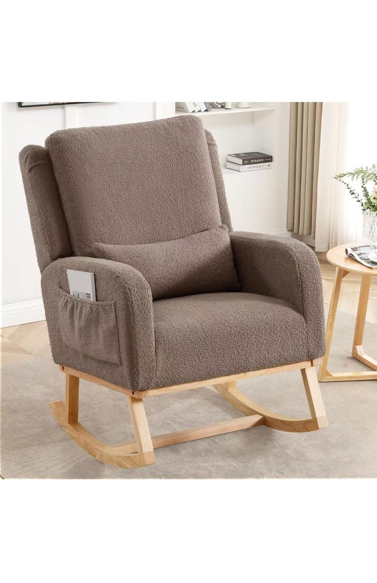 Rocking Chair Nursery,Sherpa Nursing Rocking Chairs, Upholstered Nursery Glider Rocker Wingback Morden Rocking Chair with Lumbar Pillow for Mom Nurser