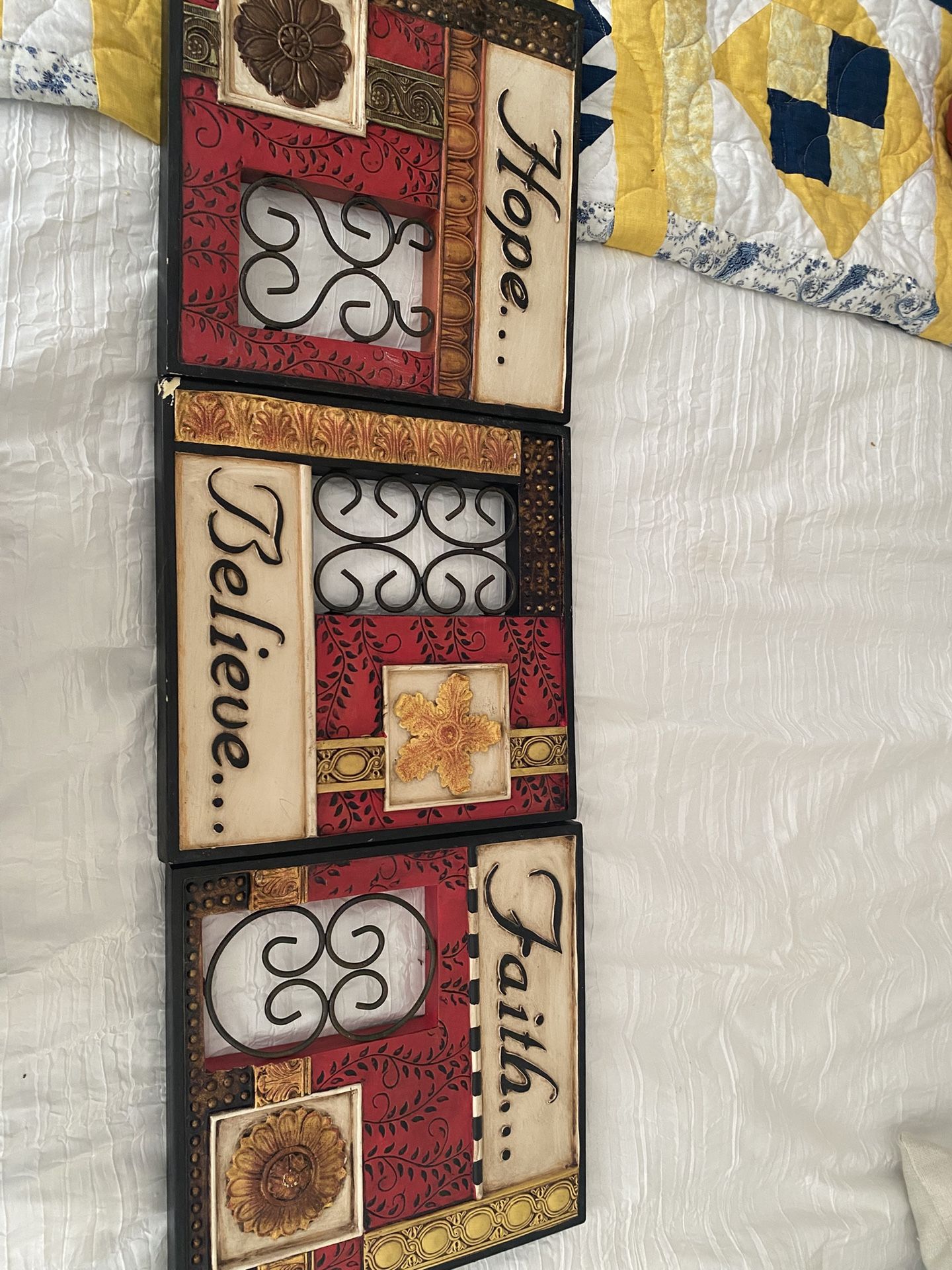 Set of 3 Decorative Wall Art Plaques – “Hope, Believe, Faith” Rustic Metal & Wood