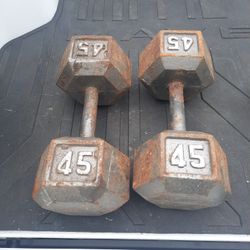 Pair Of 45lb Iron Hand Weights Dumbells Dumb Bell Workout Weights
