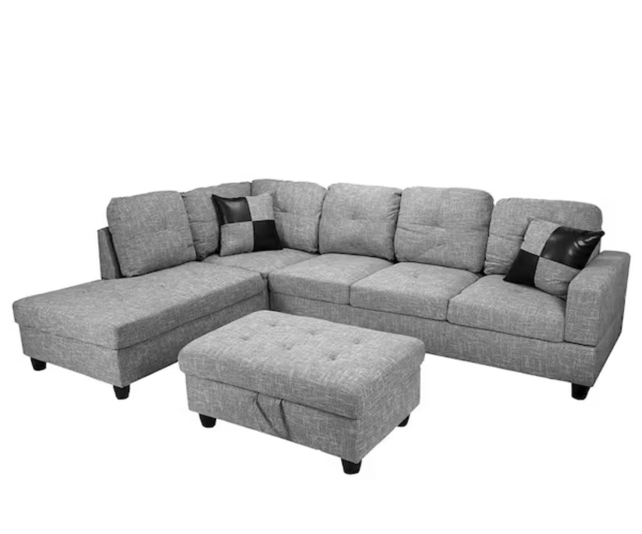 3-Piece Gray Linen L-Shaped Left-Facing Chaise Sectional Sofa with Ottoman