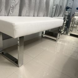 Modern White Faux Leather Bedroom Bench – Chrome Legs