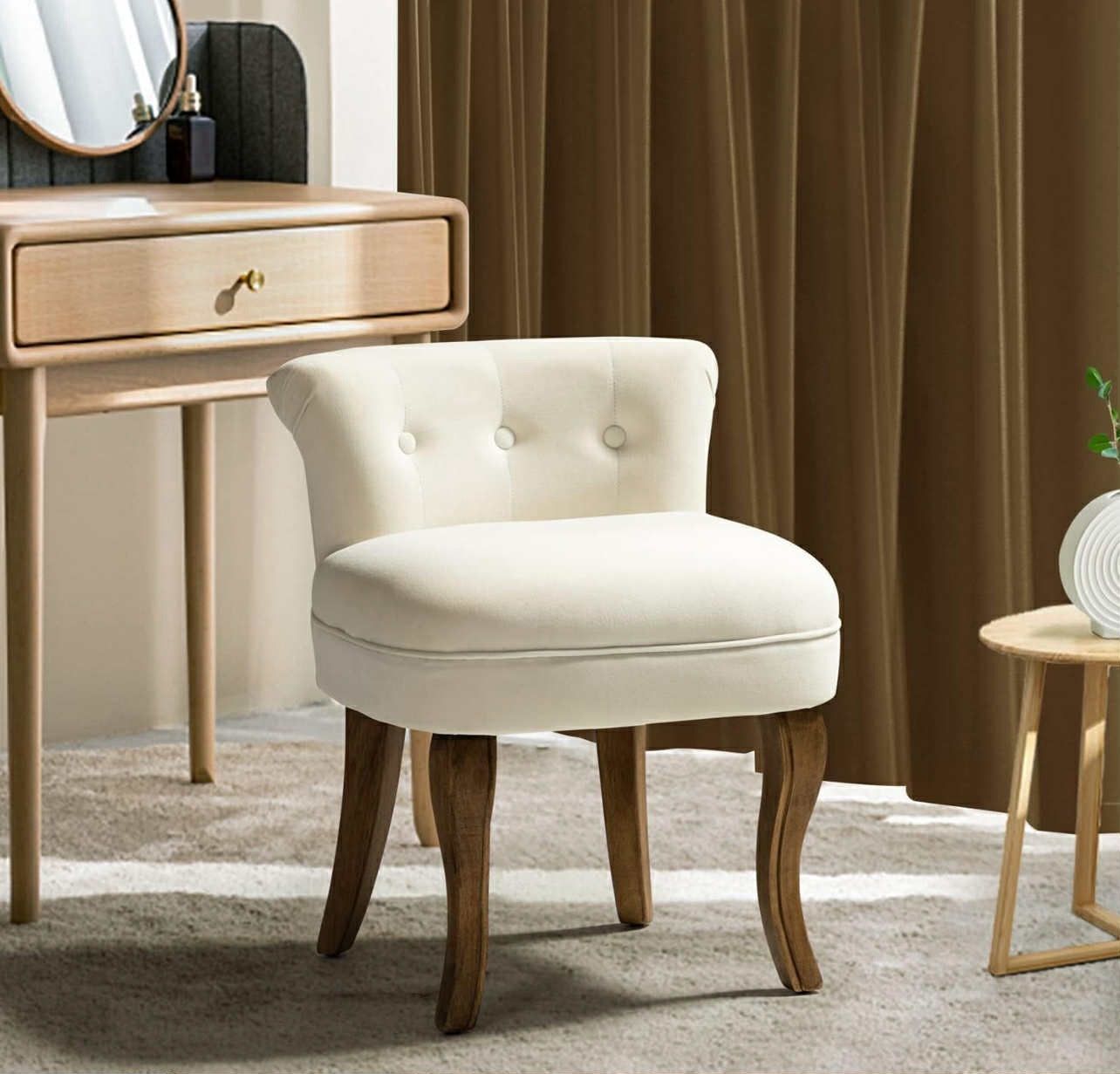 Velvet Vanity Stool with Low Back, Modern Vanity Chair with Solid Wood Legs, Small Upholstered Makeup Chair Home Decor for Bedroom Living Room Dressin