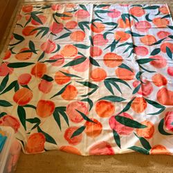 Peach Patterned Fabric Shower Curtain w/ Silver Grommets + Peach Window Valance