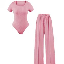 Pink Womens Square Collar Bodysuit & High Waist Wide Leg Trousers Set size M