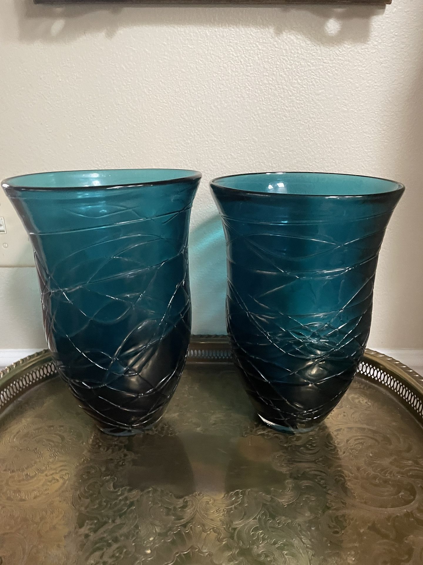 Set of 2 Vintage Threaded Wrapped Teal Art Glass Vase 12”