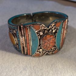 Inlayed Turquoise Lapis Coral Silver Cuff
