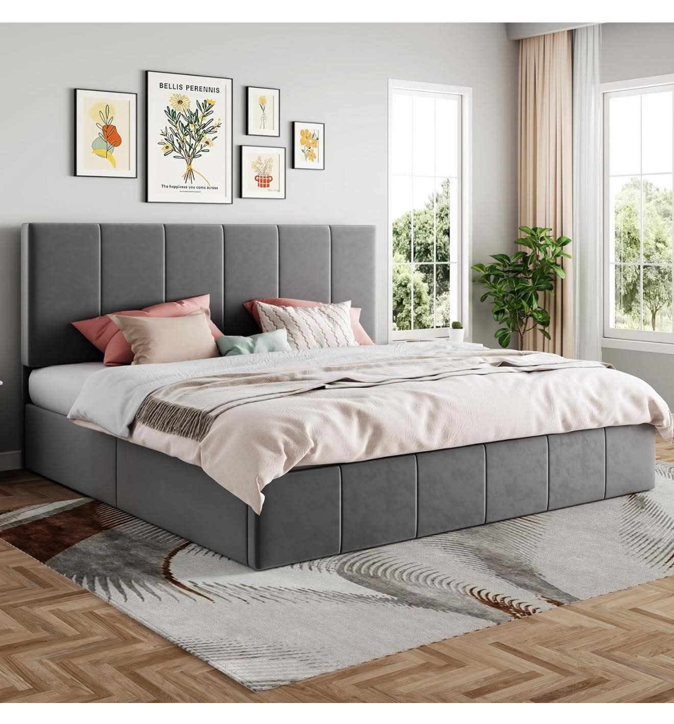 King Size Lift Up Storage Bed Frame, Hydraulic Support, Velvet Upholstered, Gray