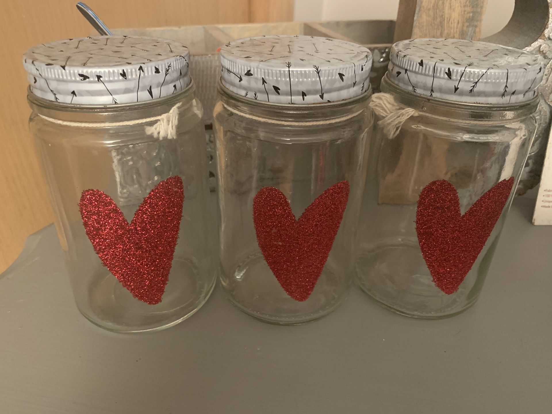 3 mason heart jars