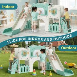 10-in-1 Large Toddler Slide Set, Kids Slide Climber Playset with Drawing Board, 