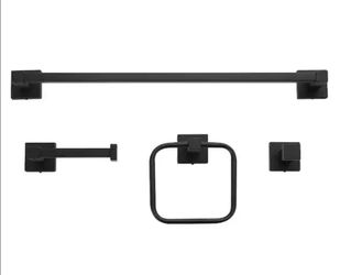 Dakota 4-Piece Bath Hardware Set with Towel Bar, Towel Ring, Robe Hook, Toilet Paper Holder in Matte Black