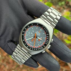 Omega Speedmaster Professional Mark II Racing 45x41mm Gray Racing Dial 145.014 Orange Hands Stainless Steel Bracelet Horse Case back Bezel Watch