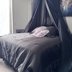 Queen Size sleep number bed with bedding, mattress pad and canopy