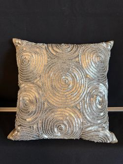 Silver Beaded and Sequined Spiral Throw Pillow
