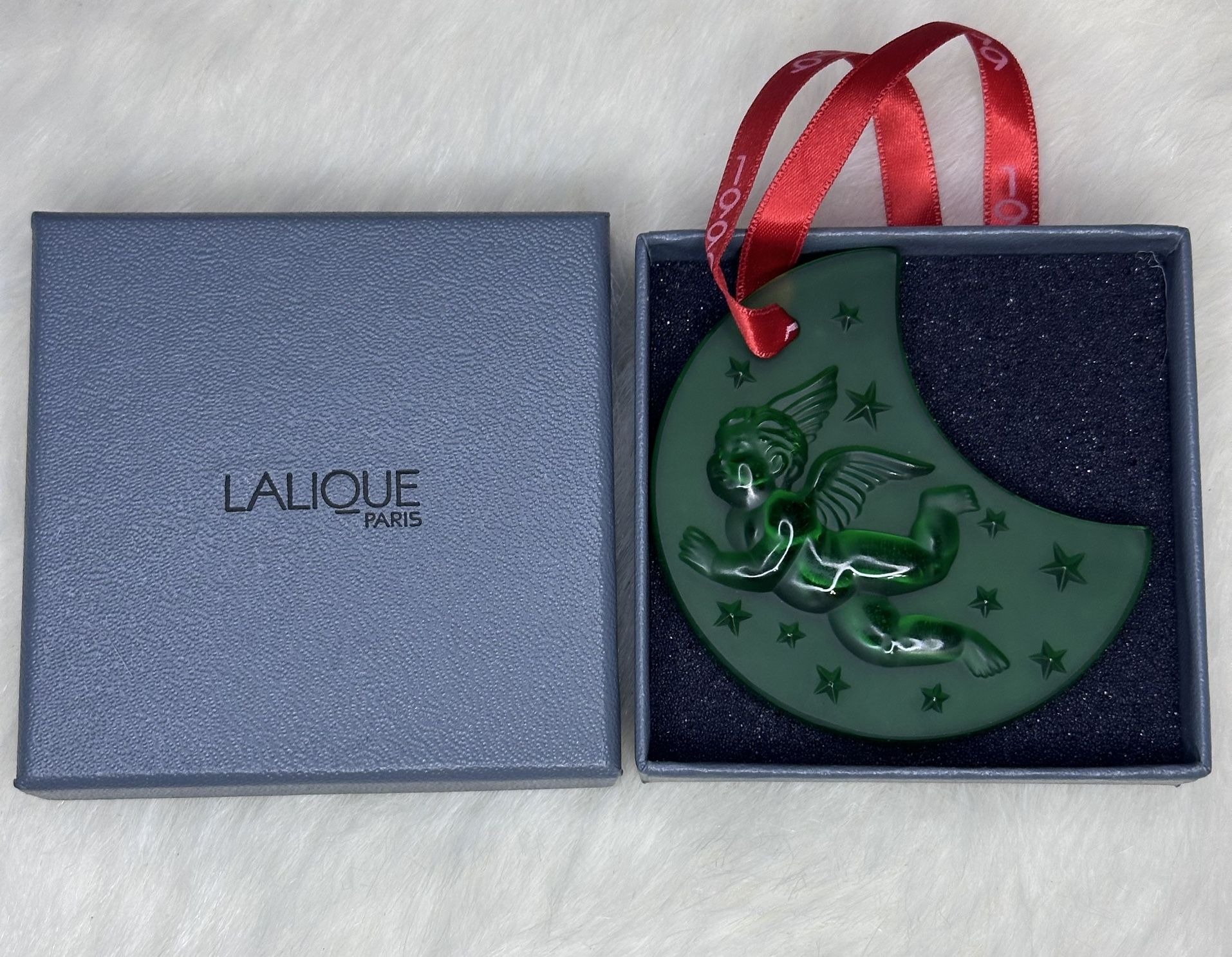Lalique Christmas Ornament Cherub On Moon Shape-Green-BOXED