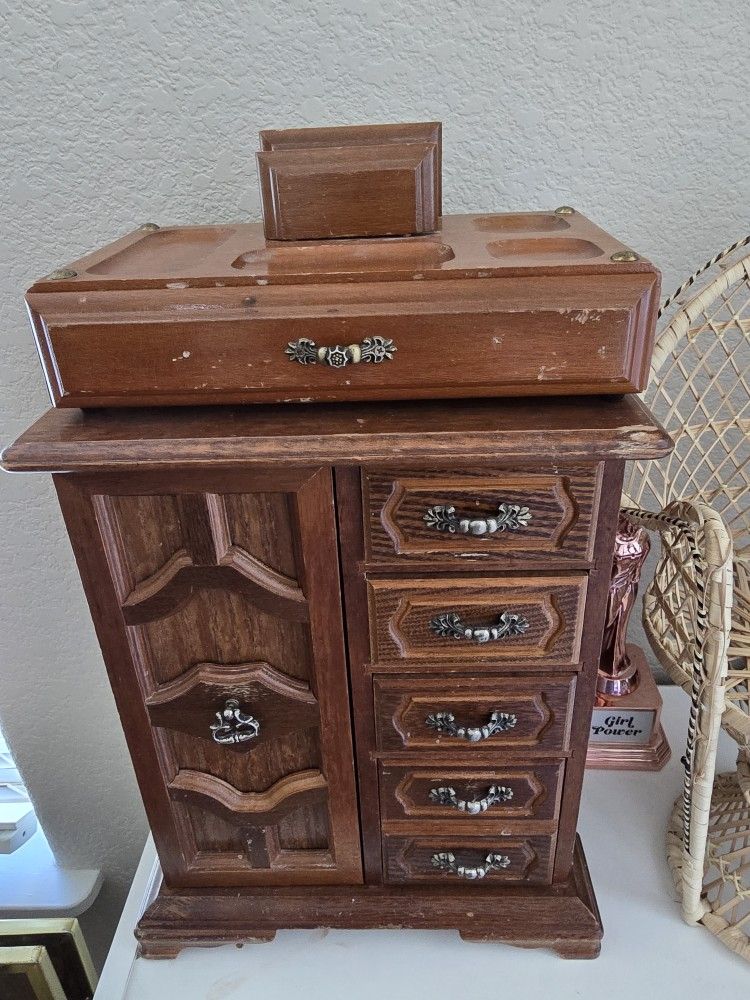 Small Wooden Vintage Jewelry Dresser Box On Top