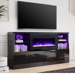 LUXOAK Fireplace TV Stand for TVs up to 75", Modern High Gloss Entertainment Center with 40" Fireplace, 4 Shelves & Storage Cabinets, Media Console Ta