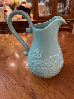 Gorgeous Large Farval Turquoise Floral Pitcher made in Portugal