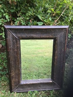 Wicker and wood framed mirror, 26" x 31", wood-backed; Please also see my other offers, many fine jewelry pieces, clothing and accessories