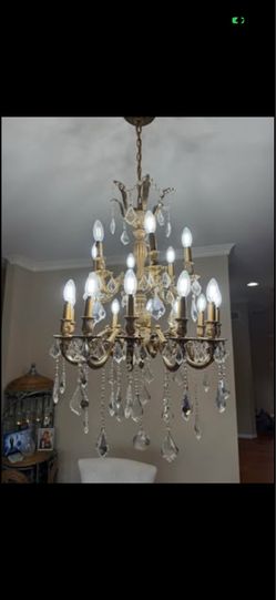 Large Vintage Brass Crystal Chandelier – 12-Light Elegant Fixture.  2 tier