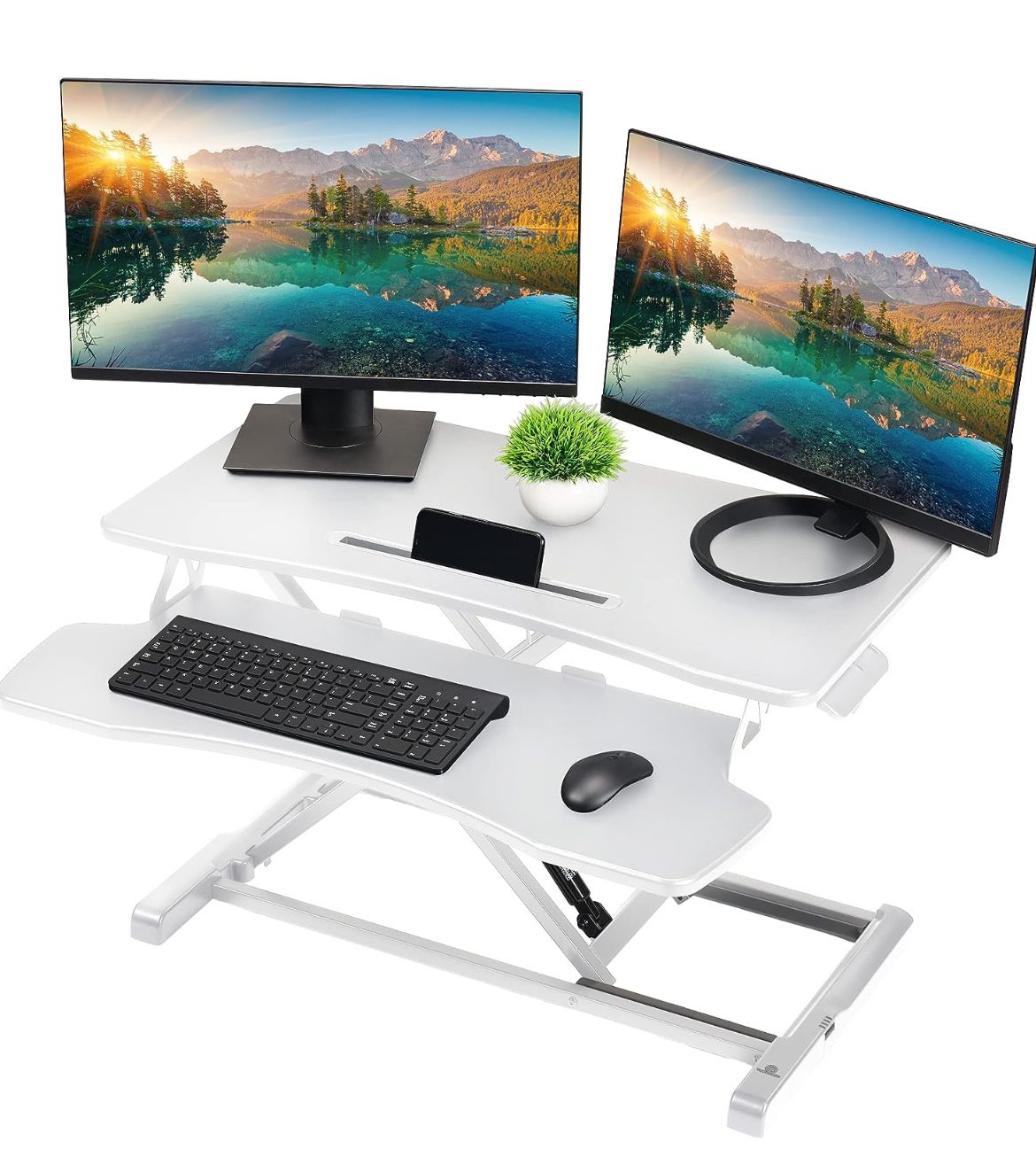 TechOrbits Standing Desk Converter - 37 Inch Adjustable Sit to Stand Up Desk Workstation, MDF Wood, Ergonomic Desk Riser with Keyboard Tray, Desktop R