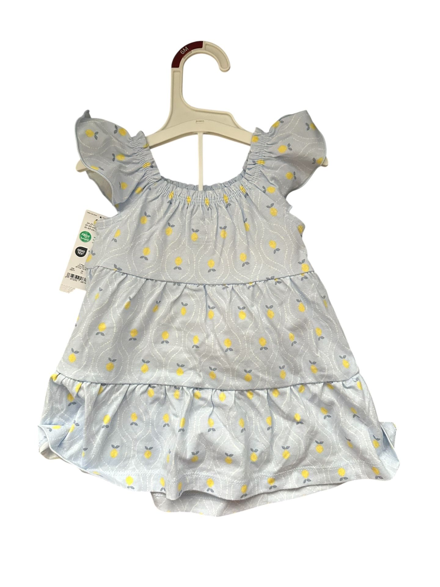 baby dress with blue and yellow floral pattern. Features ruffled sleeves and tiered design.
