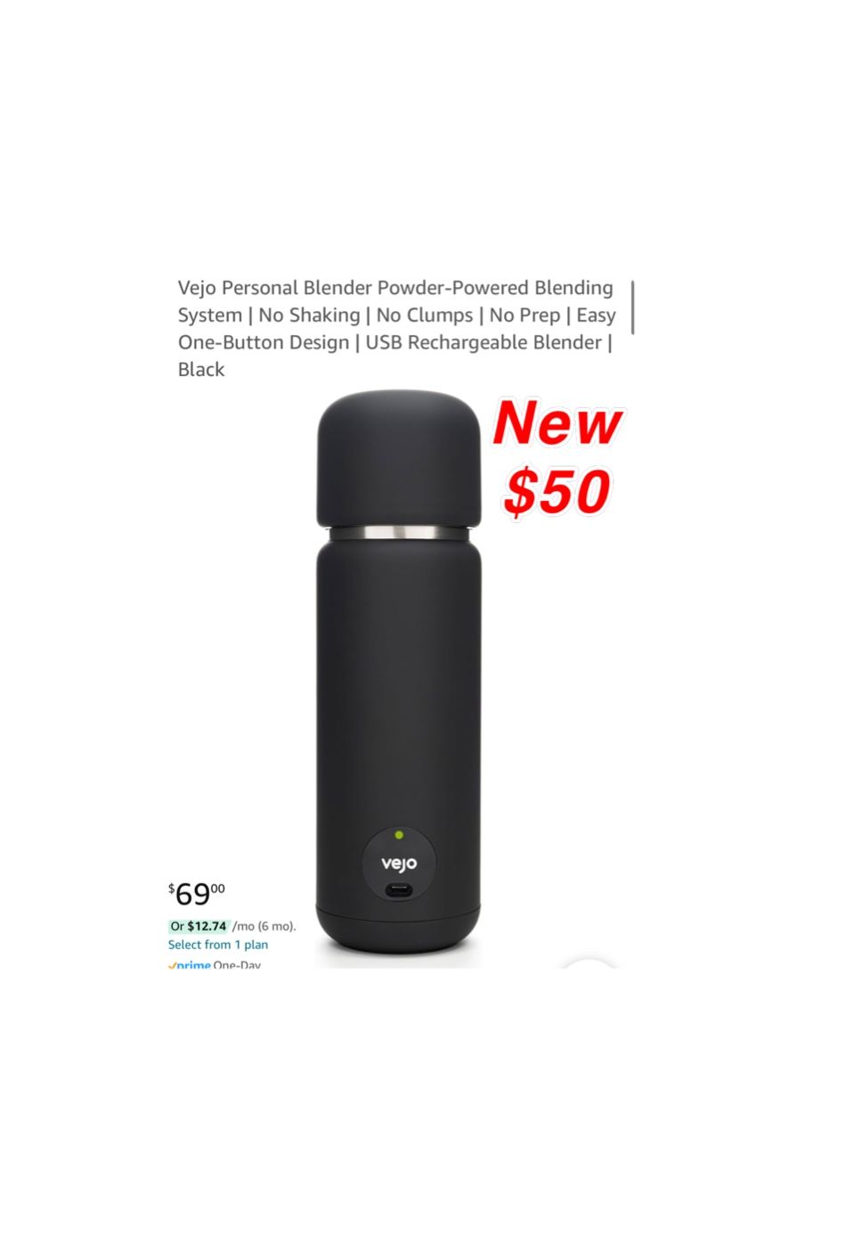 New Vejo Personal Blender Powder-Powered Blending System | No Shaking | No Clumps | No Prep | Easy One-Button Design | USB Rechargeable Blender | Blac