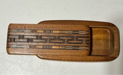 Vintage Wood Marquetry Inlay Sliding Lid Box — Geometric Greek Key Pattern