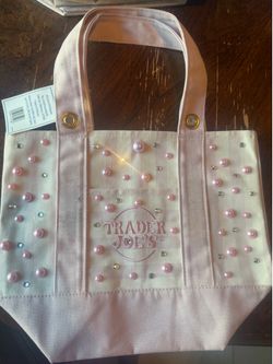 TraderJoe'sPinkStripedEmbellished MiniCanvasTote pearl/rhinestoneSnapCloseRivets