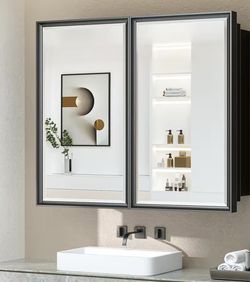 36 in. W x 32 in. H Rectangular KBlack Metal Framed Beveled Surface Mount/Recessed Medicine Cabinet with Mirror