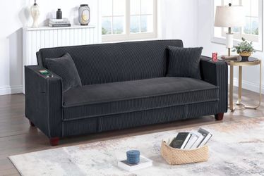 Brand New Black Or Dark Gray Or Chocolate Convertible Sofa
Hidden Storage + Cup Holder + USB Ports
