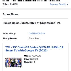 Combo- 75” TCL Series 7 QLED Google TV with Visio Sound Bar and Wall Mount. Less than 1 year old