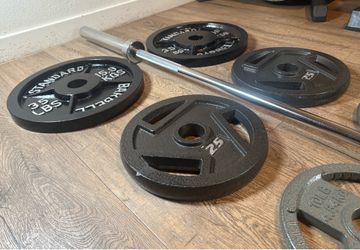 CUZ NEED THE $$ NEW Olympic Equipment: 6 ft Silver Bar & Weight Plates 35s, 25s, and 10s lbs. Total: 180 lbs [ NO, No Better Price]