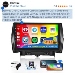 Roinvou 2+64G Android CarPlay Stereo for 2014-2019 Ford Escape, Built-in Wireless CarPlay Radio with Android Auto, 9'' Touch Screen in-Dash GPS Naviga
