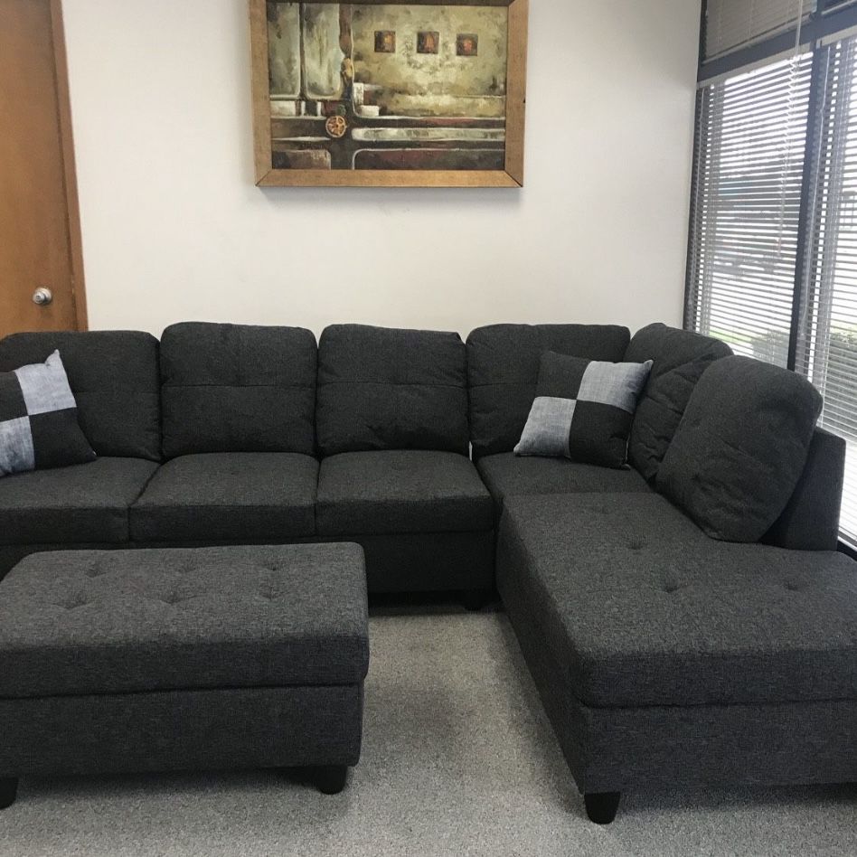 Charcoal Linen Sectional Couch And Ottoman 