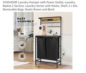 VIVOHOME Laundry Hamper with Power Outlet, Laundry Basket 2 Section, Laundry Sorter with Hooks, Shelf, 2 x 65L Removable Bags, Rustic Brown and Black