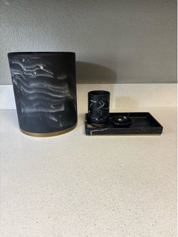 Black Marble Bathroom Trash Can + Countertop Organizer Set