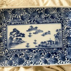 Miya Japanese Porcelain Hand Painted Blue Floral 8 1/4" Rectangle Sushi Tray
