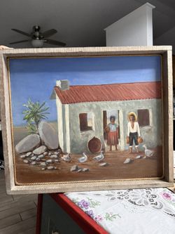 Charming Vintage Folk Art Painting – Rural Village Scene with Figures & Geese Artist: Judith Thompson