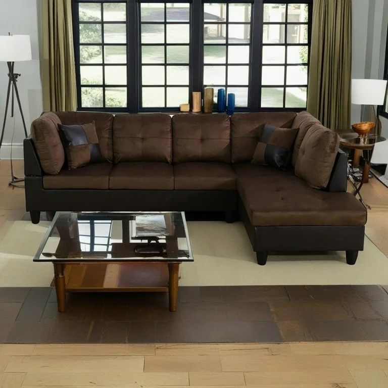 Hommoo Lint &PVC Sectional Sofa Couch Living Room Furniture Sets, Modern L Shaped Sectional Sofa Set, Brown(No Ottoman)