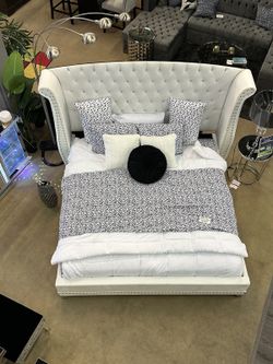 White Velvet Queen Bed w/ Extra Tall Upholstered HB